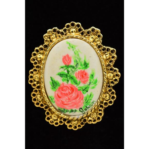 Artist Johan Painted Vintage Statement Pin Brooch Floral Roses Gold Cameo BinF - Picture 1 of 12